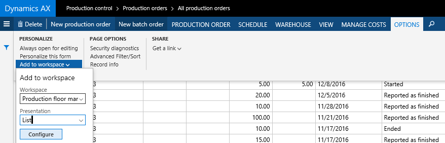 Dynamics 365 for Operations Workspace