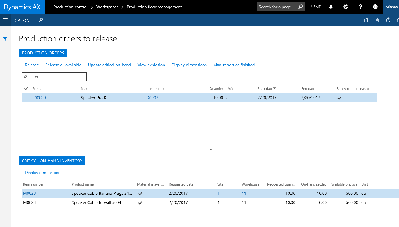 Production orders release workspace