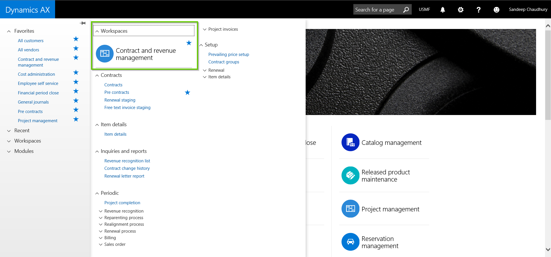 Contract Management Module Main Menu with AXIO for Dynamics AX