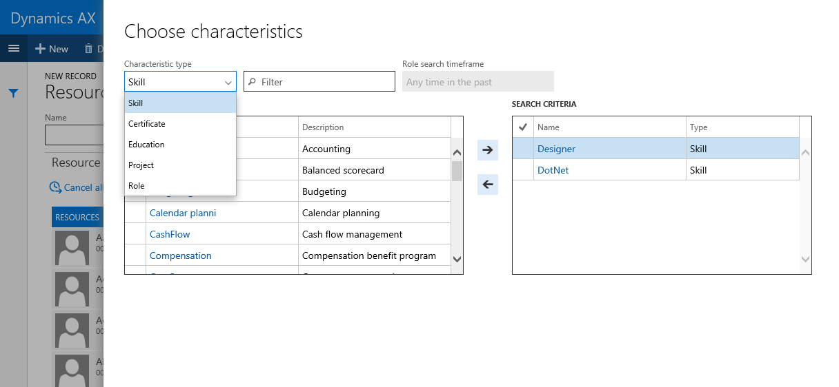 Filtering resources in AXIO by competencies such as skills, certificates, education, projects