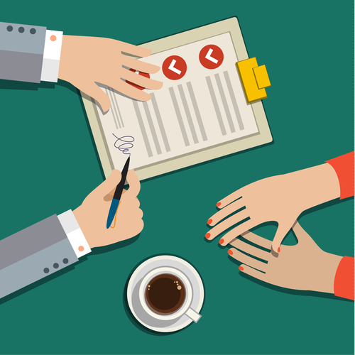 Businessman hand sign business contract paper sheet after agreement, trendy flat design, top view.