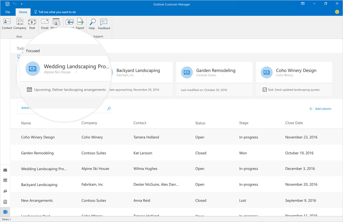 Outlook Customer Manager prioritizes contacts, opportunities and customers in custom view