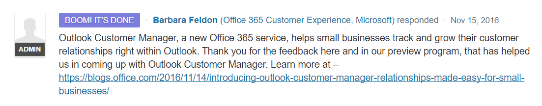 Outlook Customer Manager Forum Post by Microsoft
