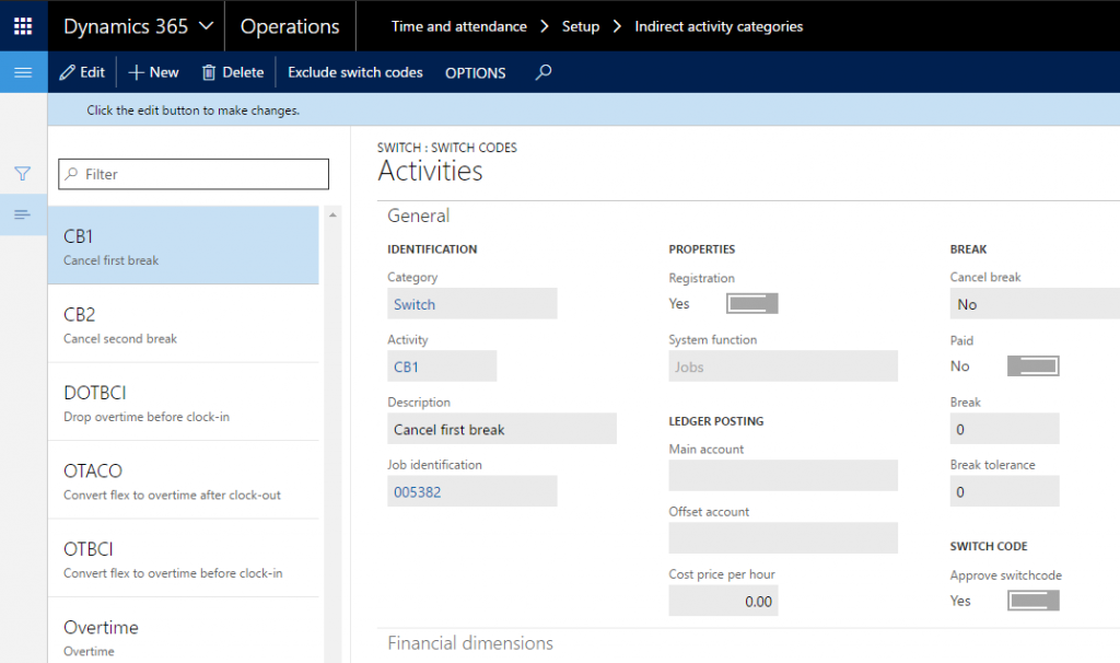 Dynamics 365 Operations setup indirect activity categories