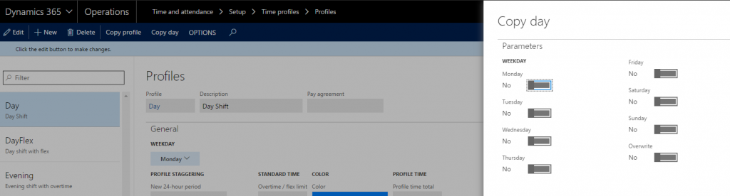 Dynamics 365 Operations setup profiles for a standard workday
