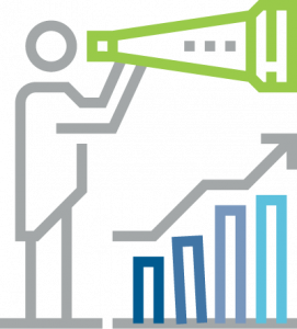 Line art of a man viewing a graph