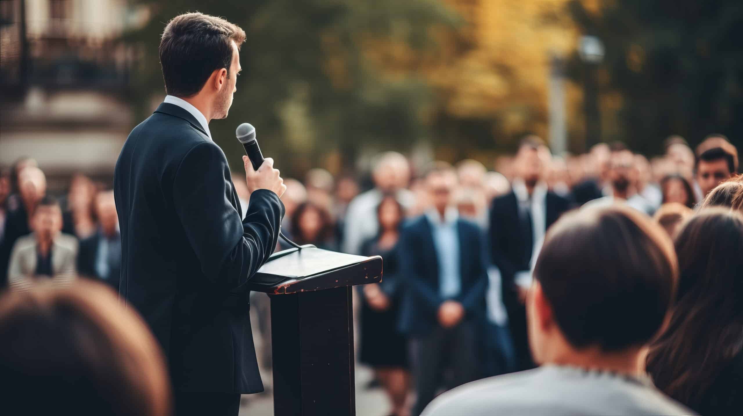 Politian giving a speech to a crowd.