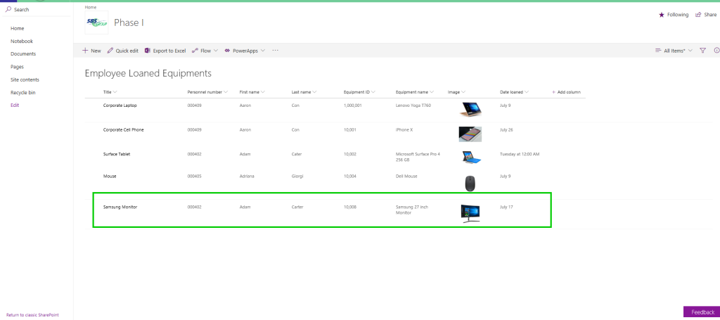 Updating SharePoint lists with new equipment