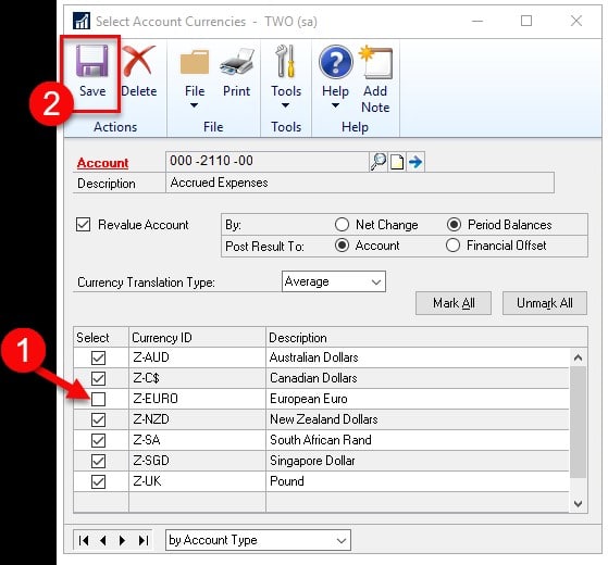 Dynamics GP general ledger account currencies