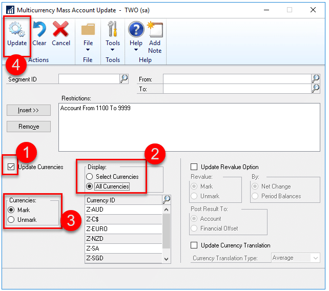 Dynamics GP GL mass account update