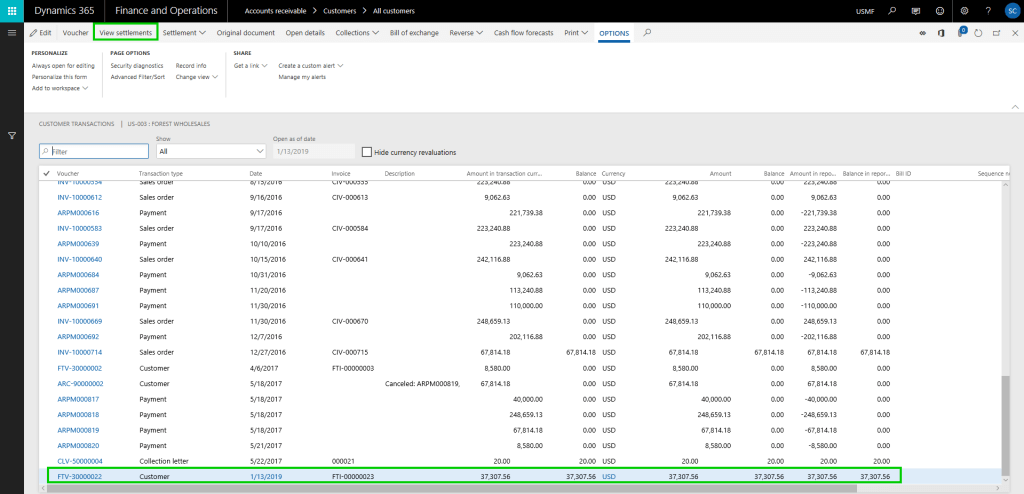 Dynamics 365 Finance and Operations view settlements