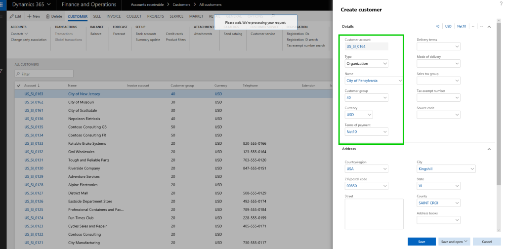 Dynamics 365 finance and operations creating a new customer