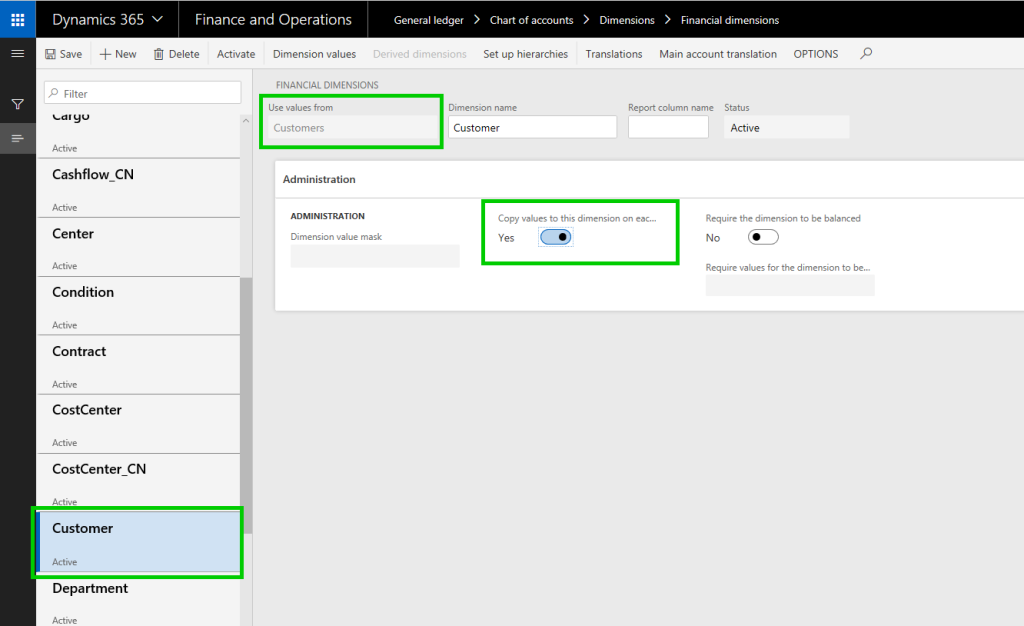 Dynamics 365 Finance and Operations customer dimensions