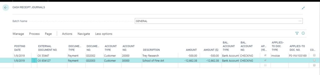 Dynamics 365 Business Central cash receipts journal