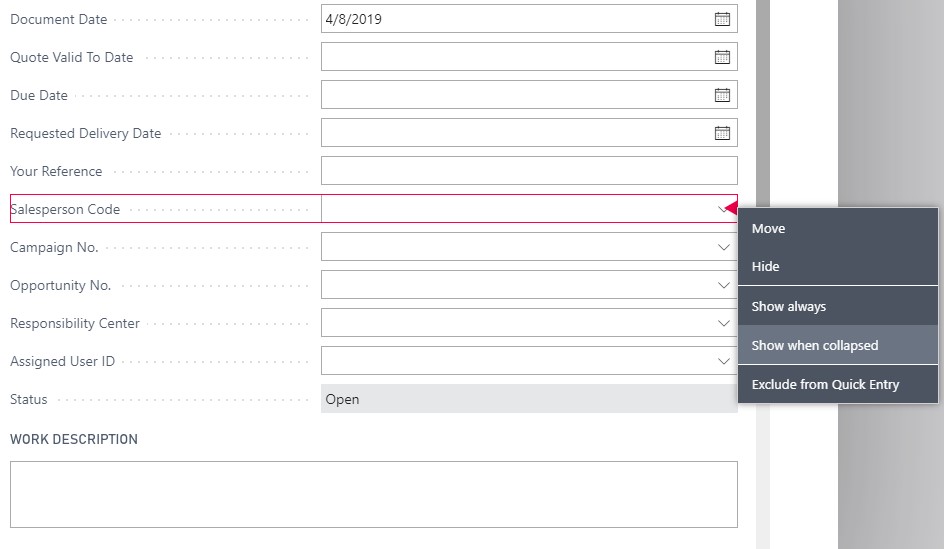 How to show a field when collapsed in Dynamics 365 Business Central