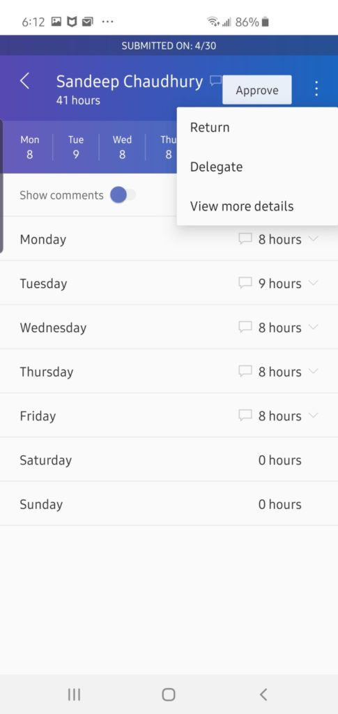 Dynamics 365 for f and o approving project timesheet mobile app