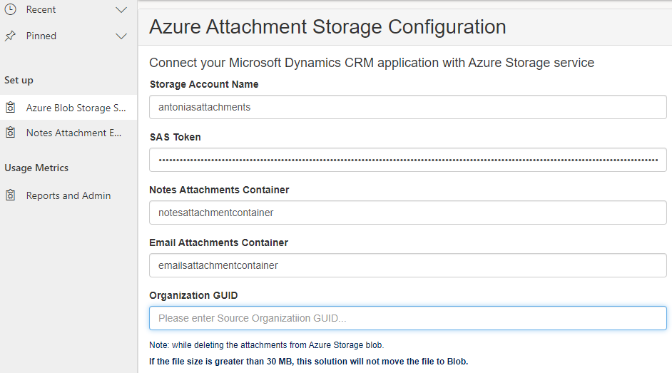 Microsoft Azure attachment storage configuration