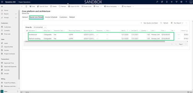 dynamics 365 project operations quote line