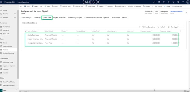 dynamics 365 project operations quote