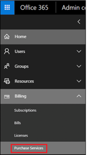 Screenshot Microsoft 365 Admin Center Purchase Services