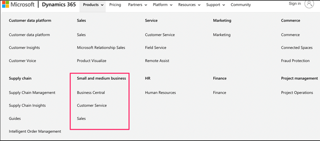 Microsoft Dynamics 365 Website Top Navigation Menu