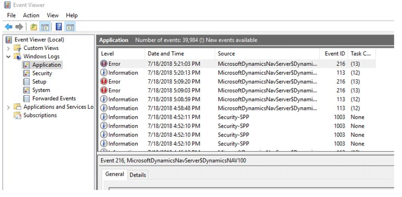 Microsoft Dynamics NAV Event Log View