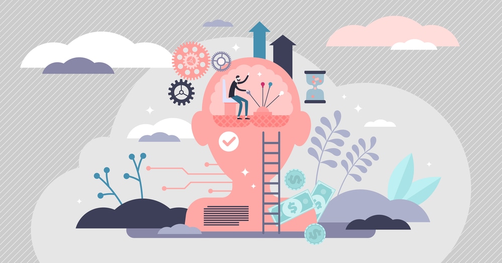 Illustration of a man inside another persons head helping with decision making