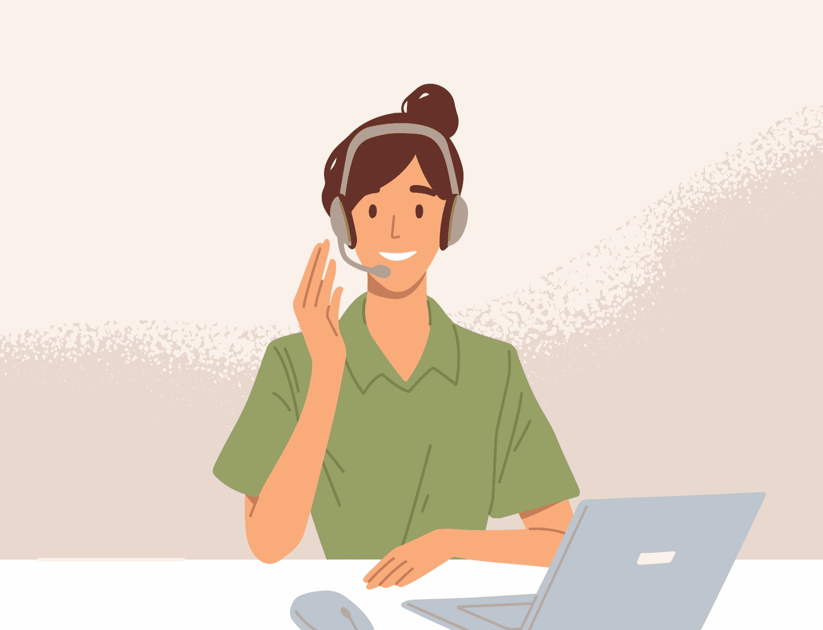 Vector artwork of a woman with a headset working on her laptop
