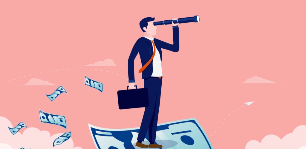 Vector artwork of a man on top of a dollar bill with dollar bills behind him as he look towards the horizon with a looking glass