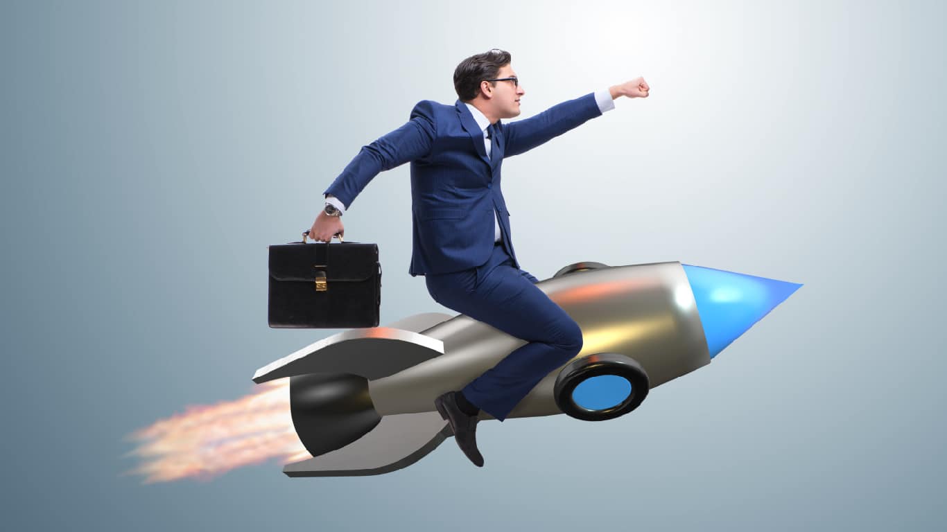 Business Person Riding Upward on a Rocket