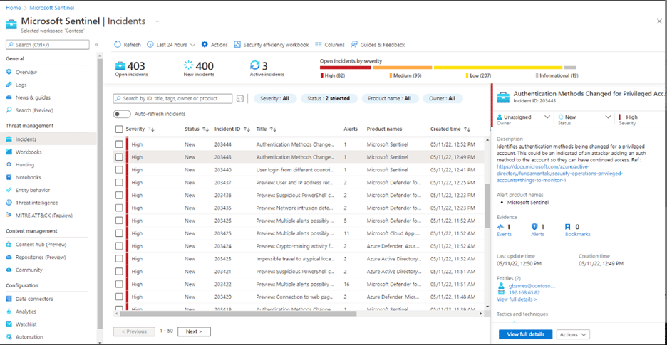 Screenshot of Microsoft Sentinel Incident Report