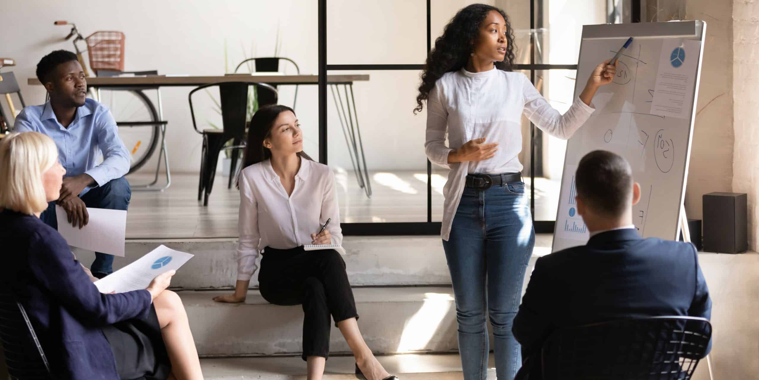 businesswoman manager give presentation on whiteboard at office meeting