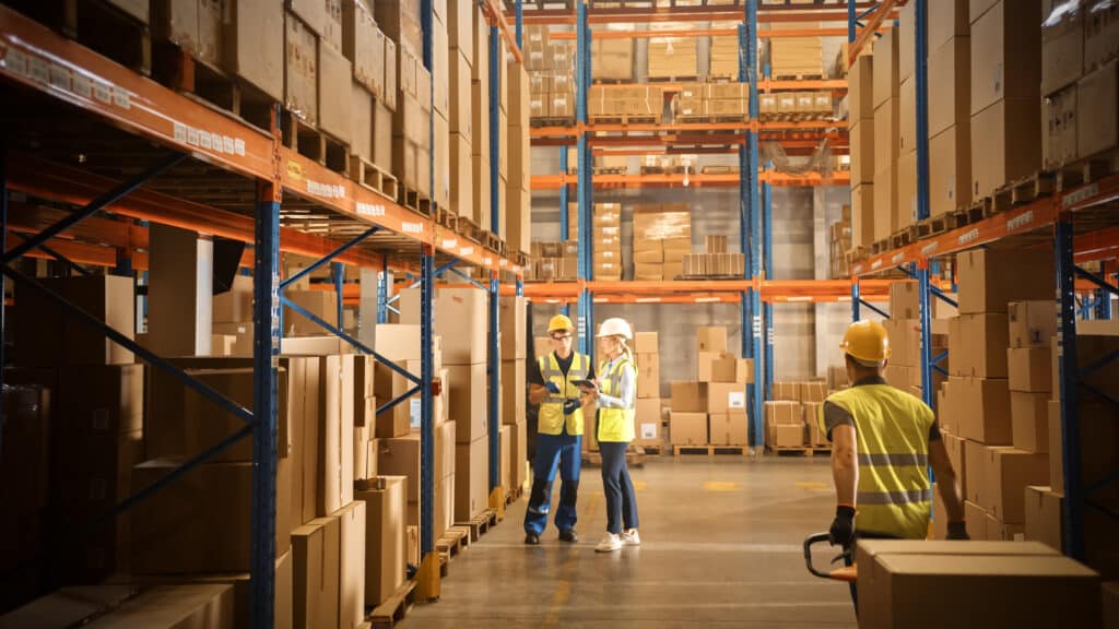 Warehouse with Shelves filled with Cardboard Boxes
