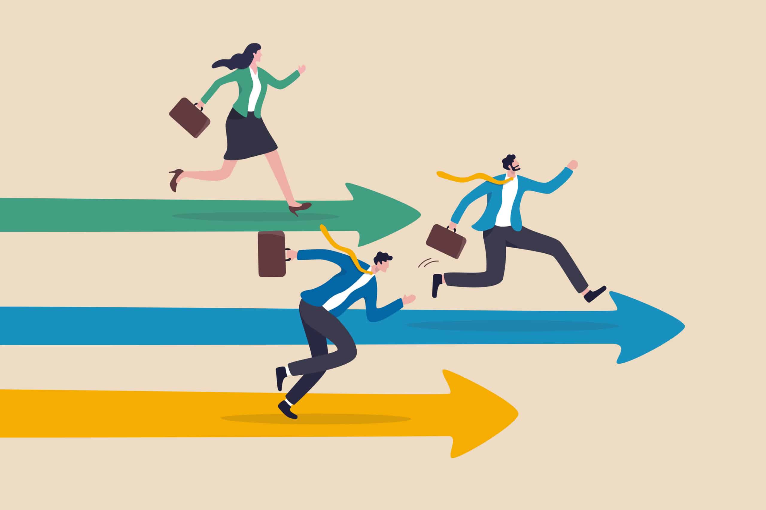 businessman and woman running with arrows