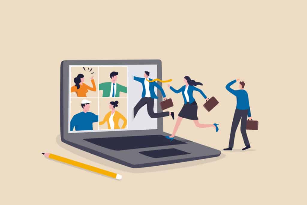businessman and his colleague virtually get into the computer laptop conference meeting