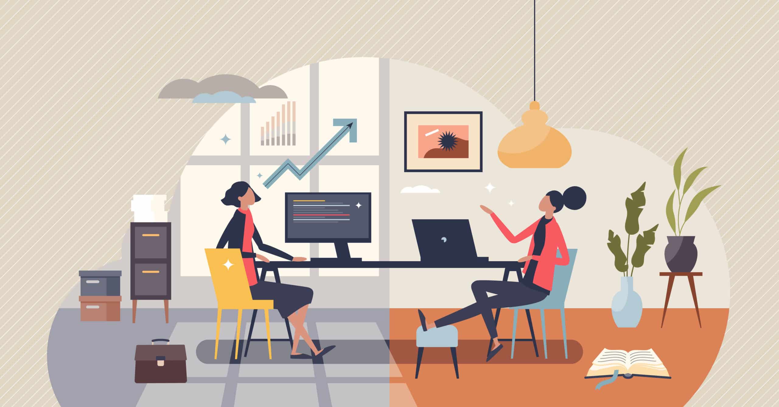 Hybrid work mode with split time for office and working from home tiny person concept.