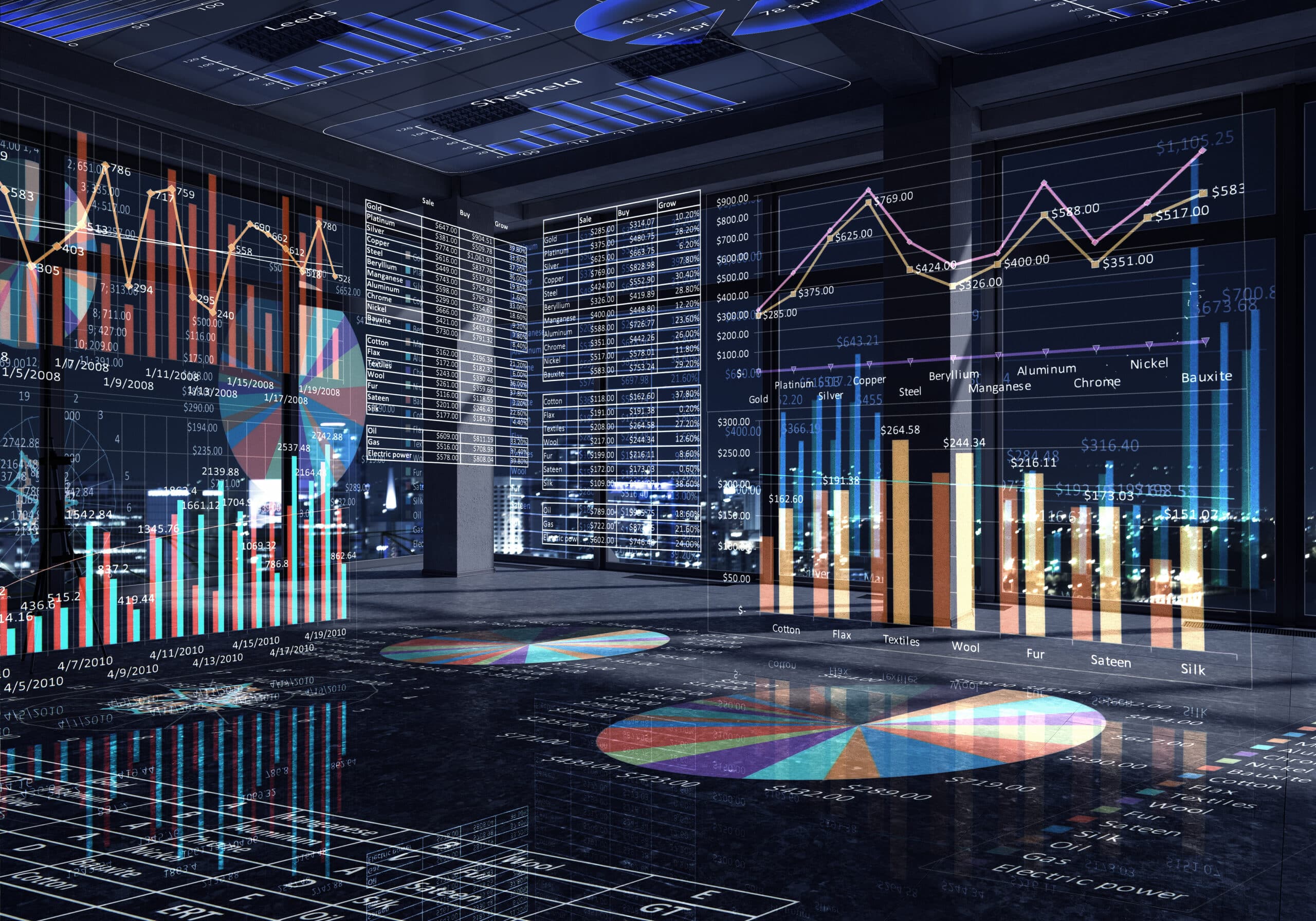 Office interior with graphs and diagrams