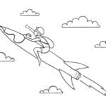 Boy flies on a rocket across the sky