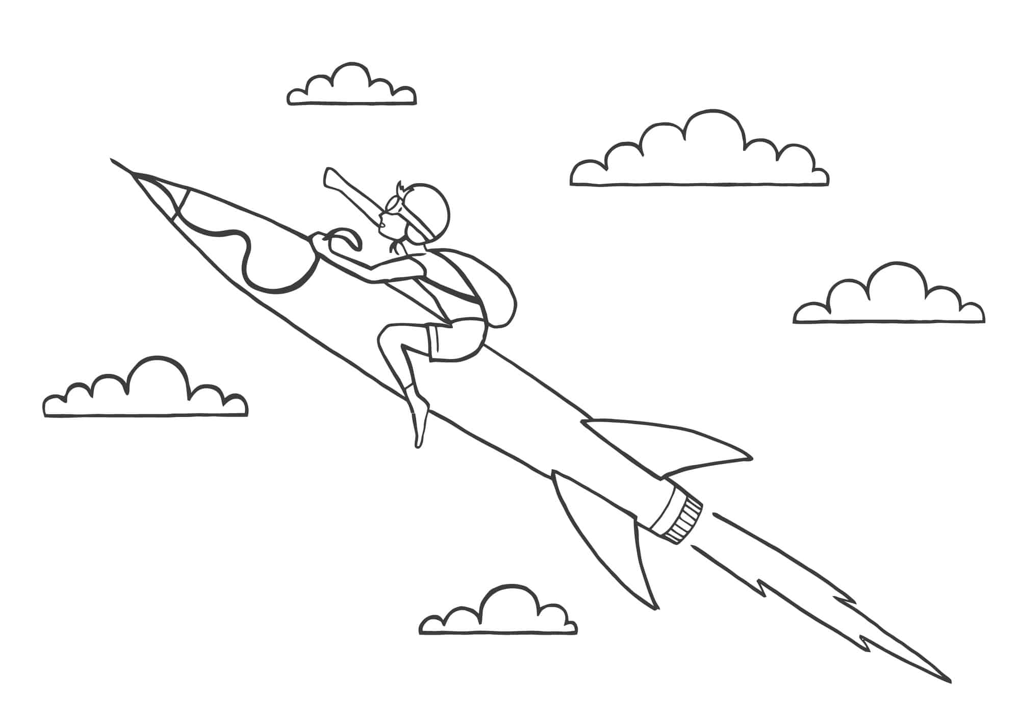 Boy flies on a rocket across the sky