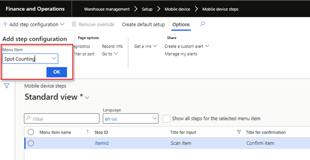 how-to setup a warehouse app detour: - Configure the step configuration to select the desired menu item, in my case Spot counting, then press OK