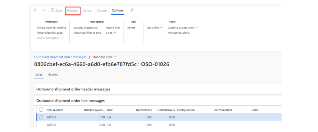 Outbound Shipment Order Messages.  Enable Process button