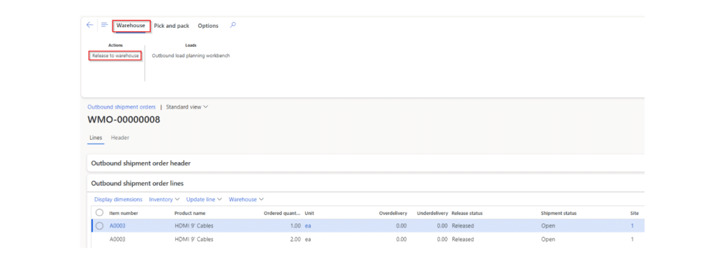 In the Action Pane click Warehouse > Actions > Release to Warehouse