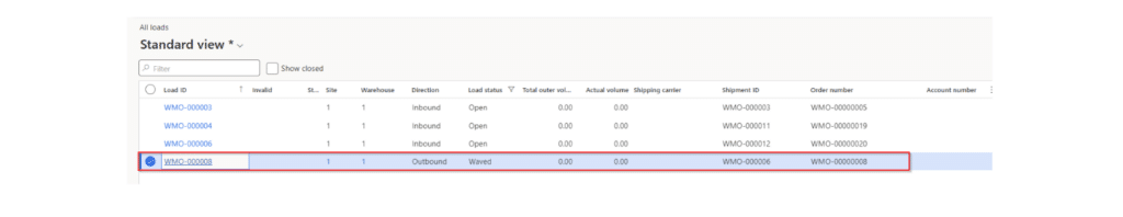 Navigating to Warehouse Management > Loads > All Loads