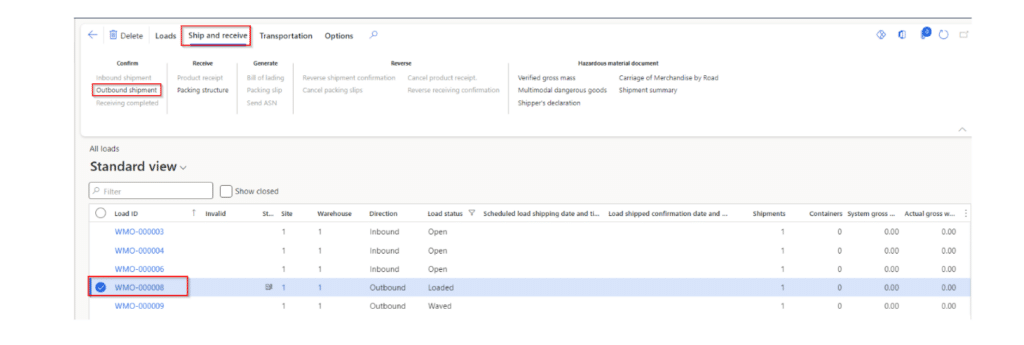 Action Pane click Ship and Receive > Confirm > Outbound Shipment