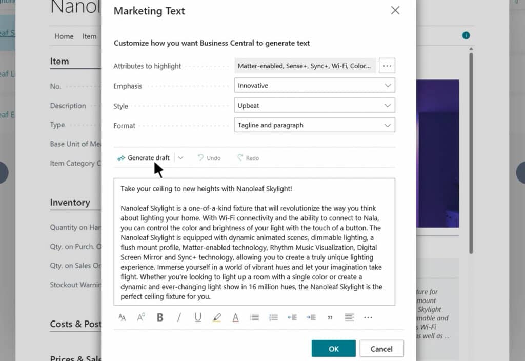 Example of Microsoft Copilot writing Marketing copy inside Business Central