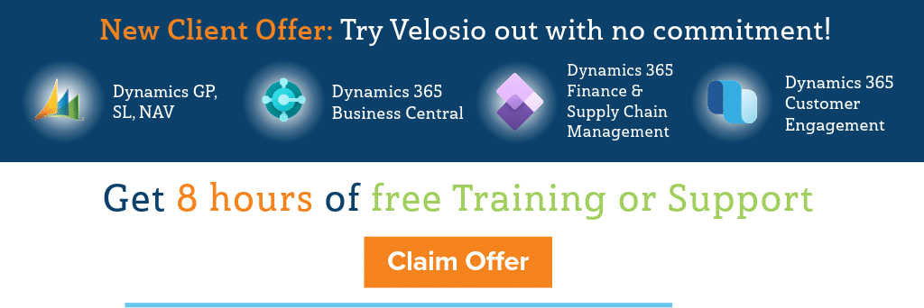 Image showcasing a new client offer to try velosio out for free 8 hours of support or training