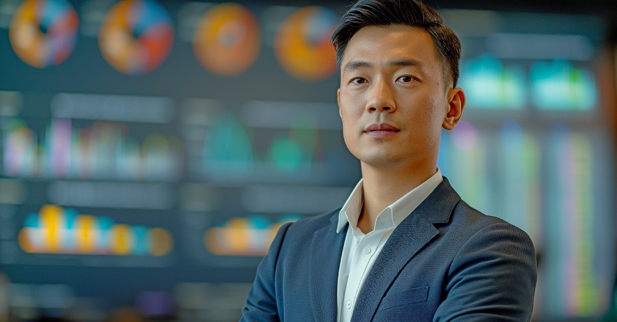 Business Leader Standing in Front of Data Visualizations Looking Confidently Forward