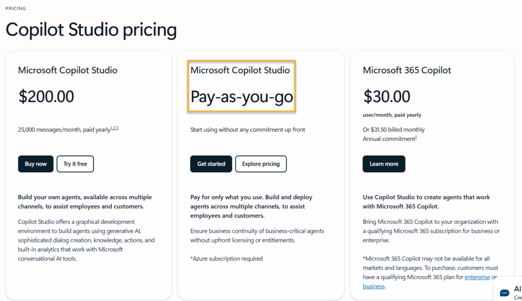 Image of the Microsoft Copilot licensing and pricing options.