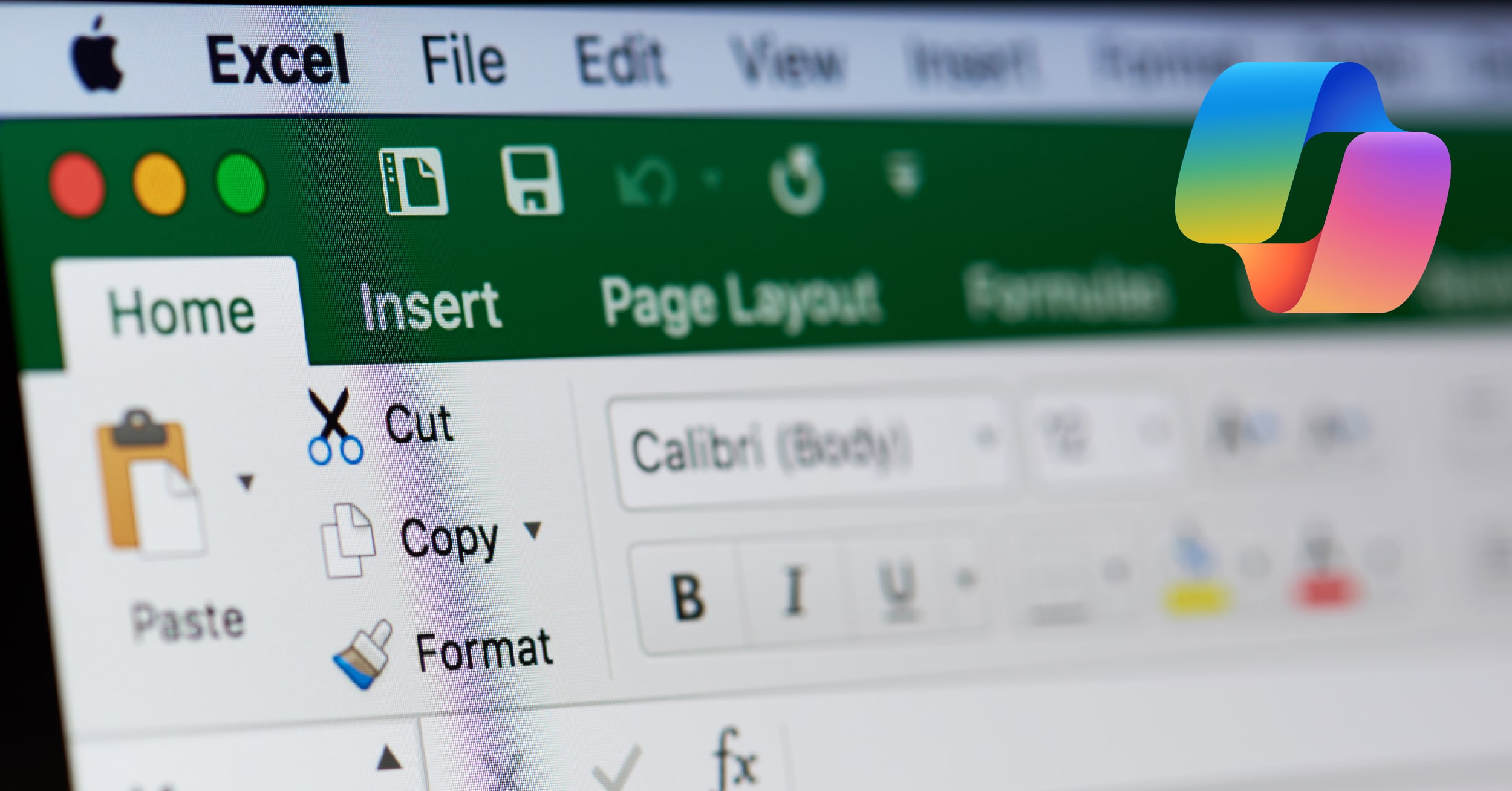Screenshot of Microsoft Excel with Copilot logo overlay