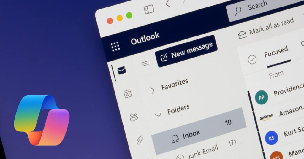 Screenshot of Microsoft Outlook with Copilot logo overlay